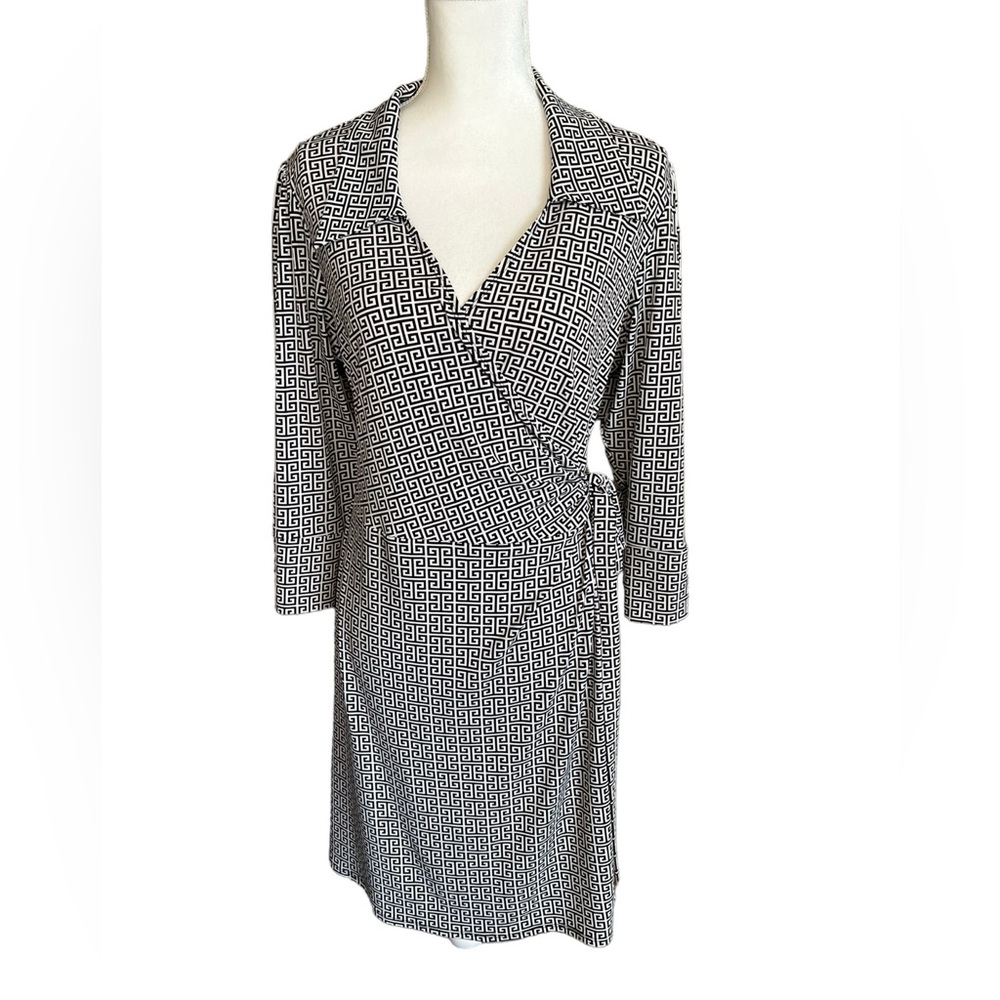 Laundry by Design Shelli Segal Black/White Wrap Dress Greek Key Meander size 8